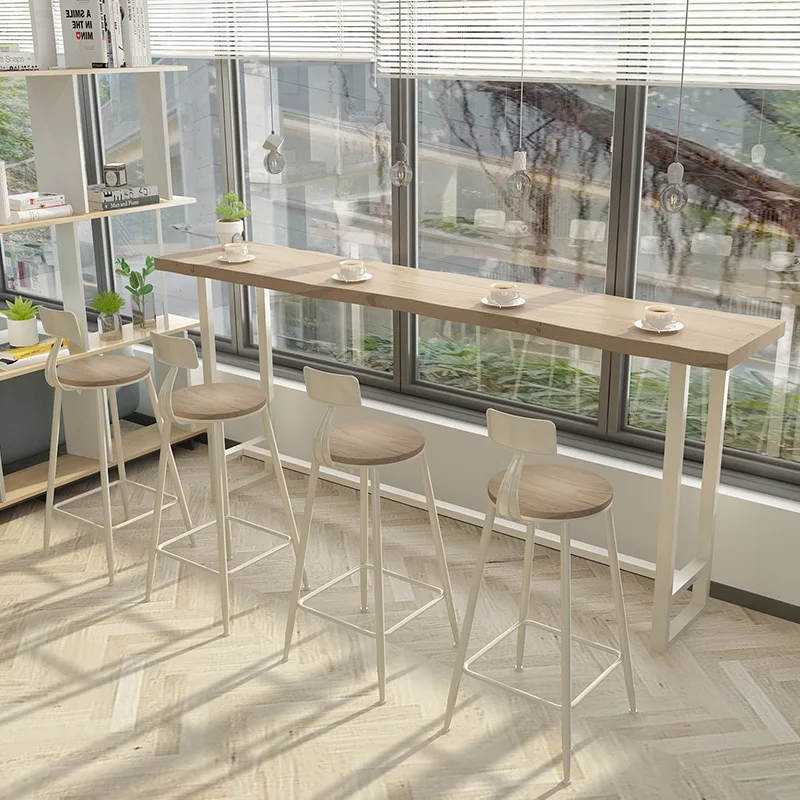 

Solid wood bar table for home use, balcony window long narrow table, milk tea coffee shop high table and chair combination