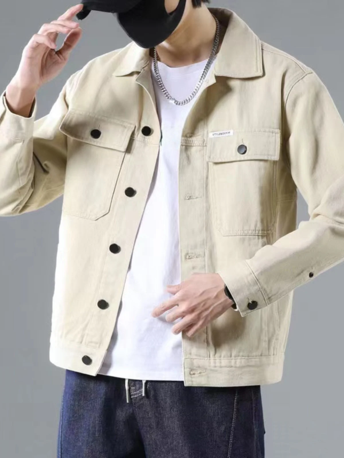 

Japanese Sle Loose Fit Pure Color Men's Denim Jaet Casual Workwear Jaet Spring Autumn Top Youth Faion Long Sve