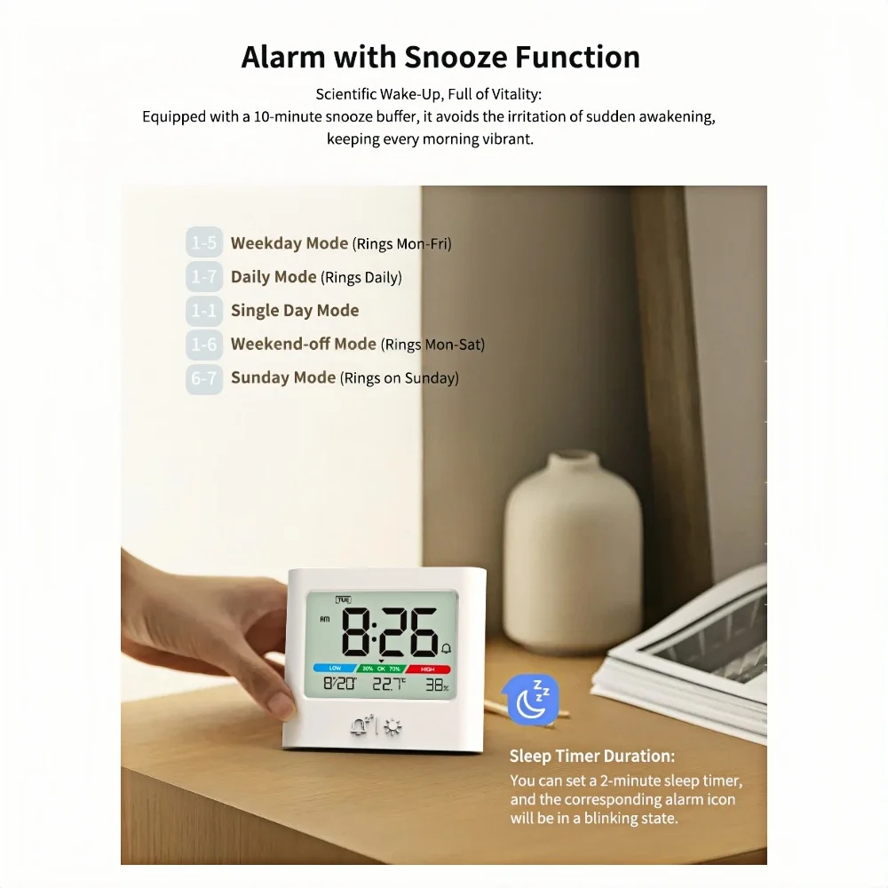 Battery Powered Digital Alarm Clock Backlight TEMP Humidity Date Travel Table Clock 12/24H Date Format Switching LCD Wall Clock view 3