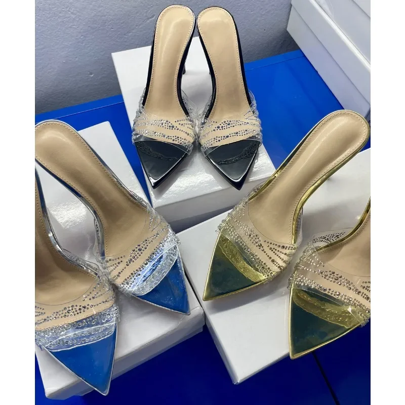 

Blingbling Pointed Slippers Summer Elegant Fashion Women Sandals Lady Stiletto High Heels Luxury Rhinestones Transparent Shoes