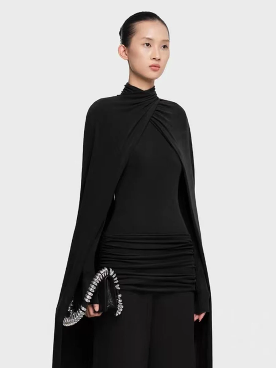 VGH Premium Feel Solid Slimming T Shirts For Women Turtleneck Long Sleeve Autumn Elegant Folds T Shirt Female Fashion Style New