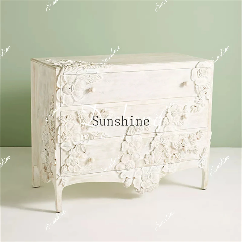 French retro solid wood carving flower washing old three-bucket cabinet bedroom drawer storage cabinet decoration  FT