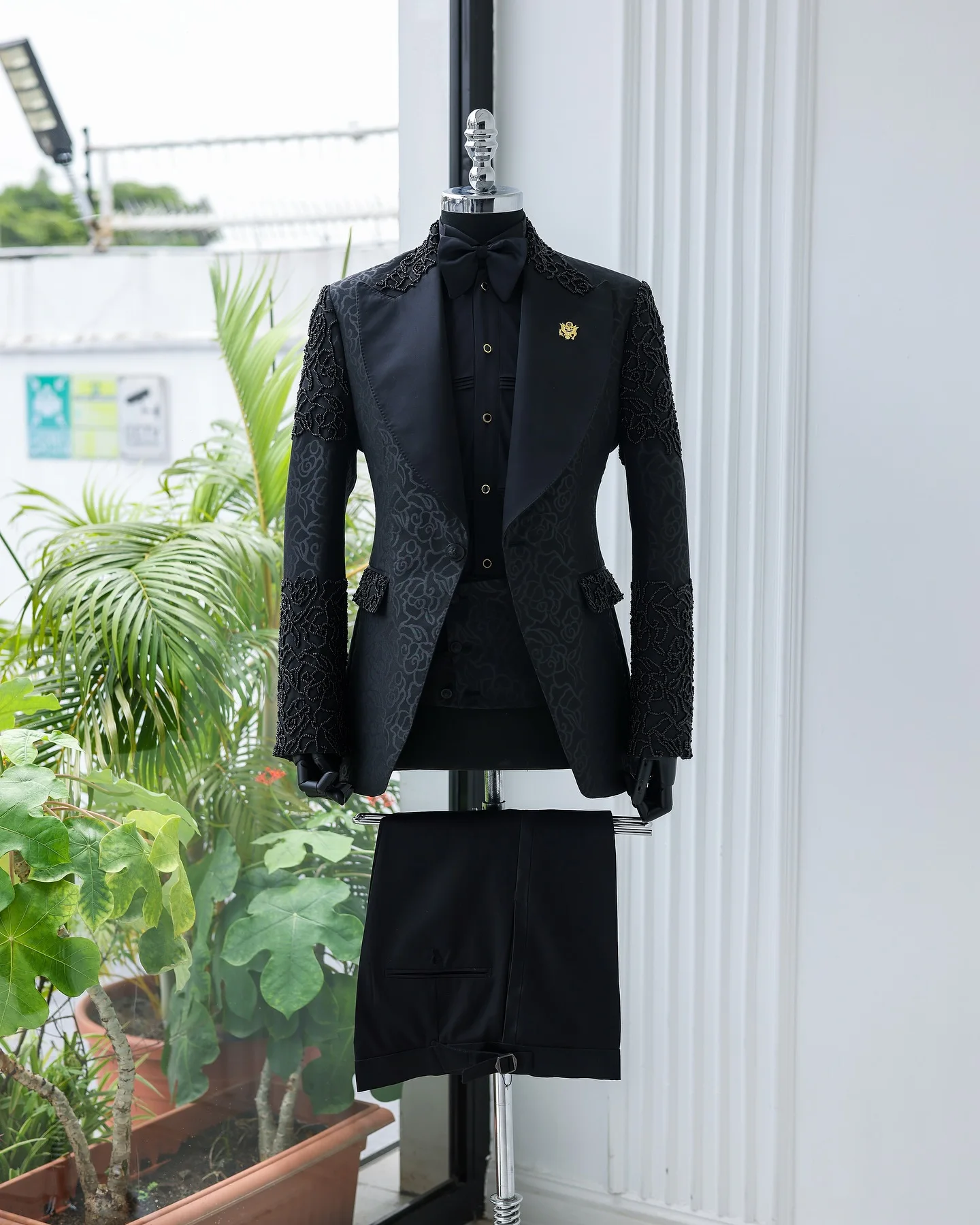 

Beaded Jacquard Men Suits Pants Set 2 Pcs Blazer+Trousers Customized Groom Wedding Tuxedos Cotton Formal Office Prom Jacket