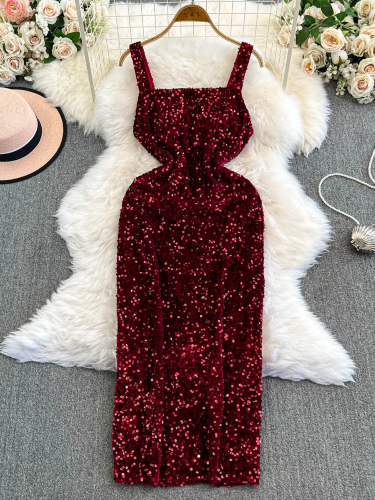 Gagaok French Style Women Dress Elegant Light Luxury High Waist Camisole Long Dresses Autumn Winter Sequins Split Bodycon