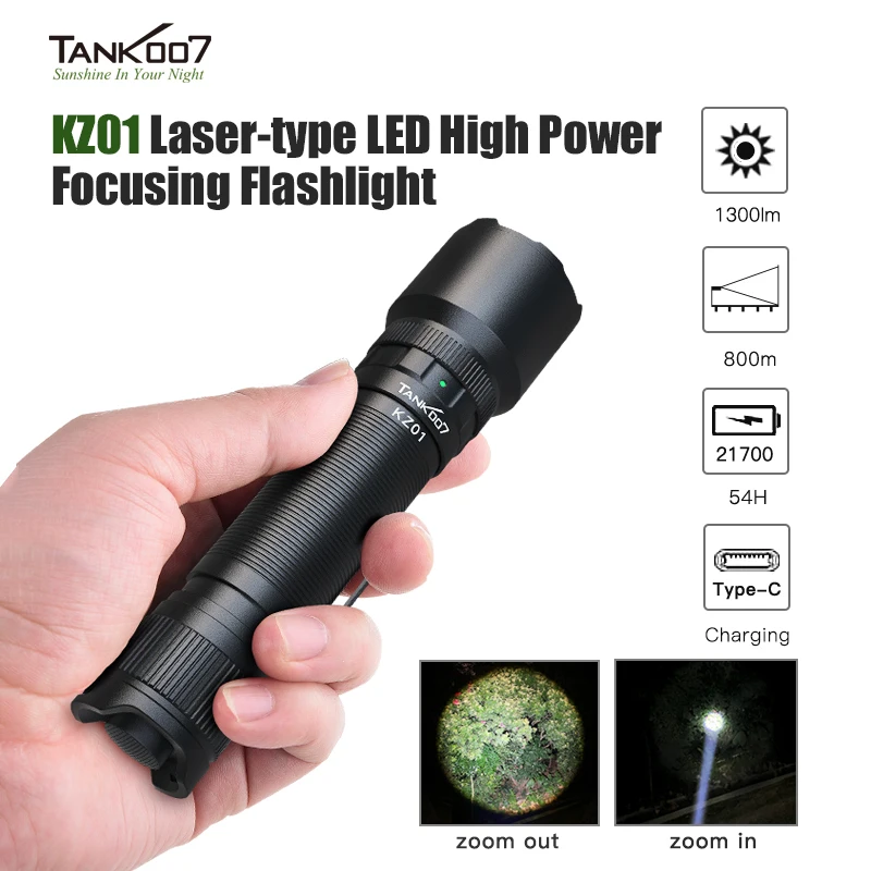 

TANK007 KZ01 LED Flashlight High Power 4 Modes Waterproof Focus Zoomable Flash Lights Portable Torch Type-C Charging for Outdoor