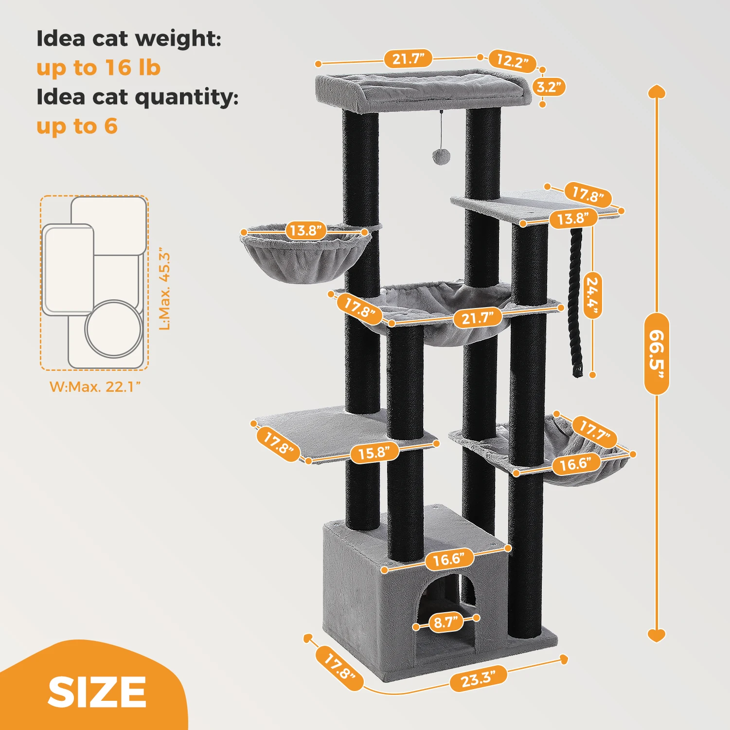 66.5inch /170cm Cat Tower for Indoor Cats, Multi-Level Cat Condo Scratching Posts, Perches, Hammock, Cave