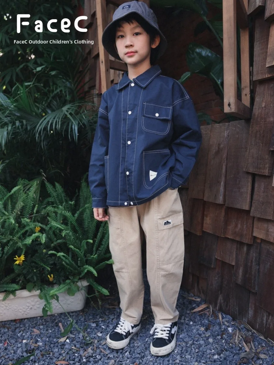 Facec Pure Cotton Work Trousers for Boys Outdoor Camping Hiking Loose Fit Spring Autumn New Style Mountain Series Kids Pants