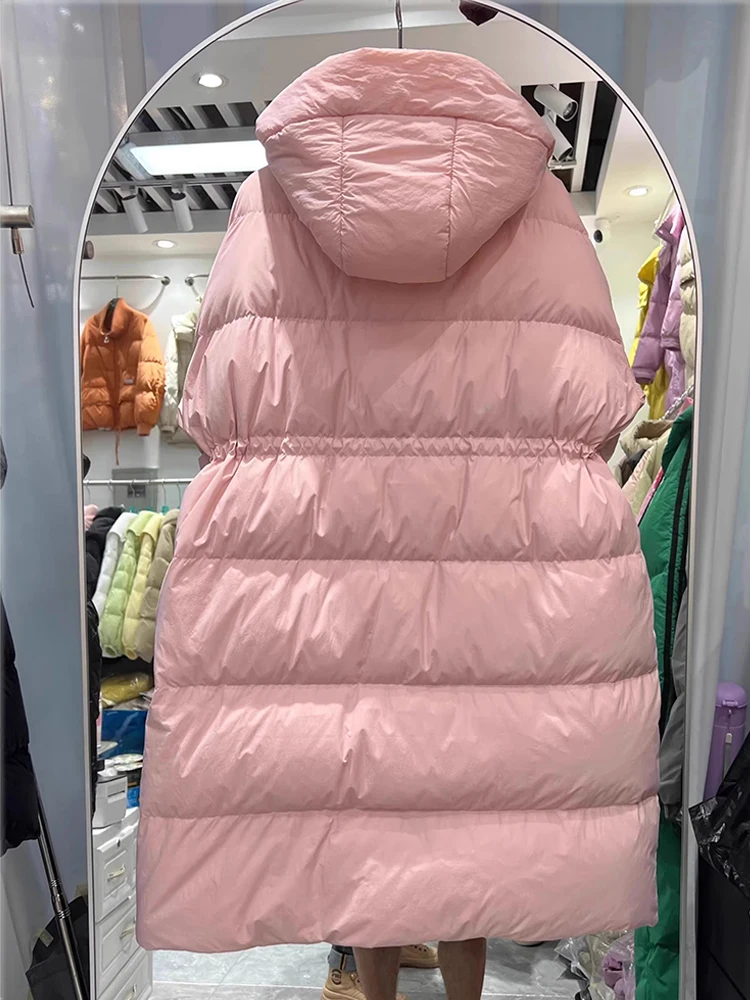 Inverno novo quente casual grosso longo outwear pato branco para baixo casaco 2025 versátil cor sólida com capuz jaqueta para mulher