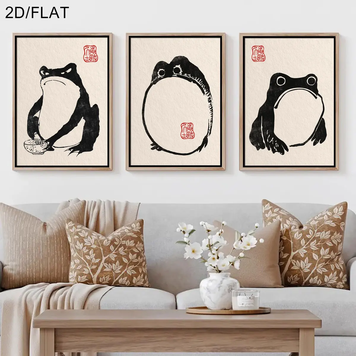 3pcs frameless Canvas Painting 3pcs Japanese Vintage Matsumoto Hoji Frogs Canvas Wall Art, Frameless Abstract Canvas Prints for
