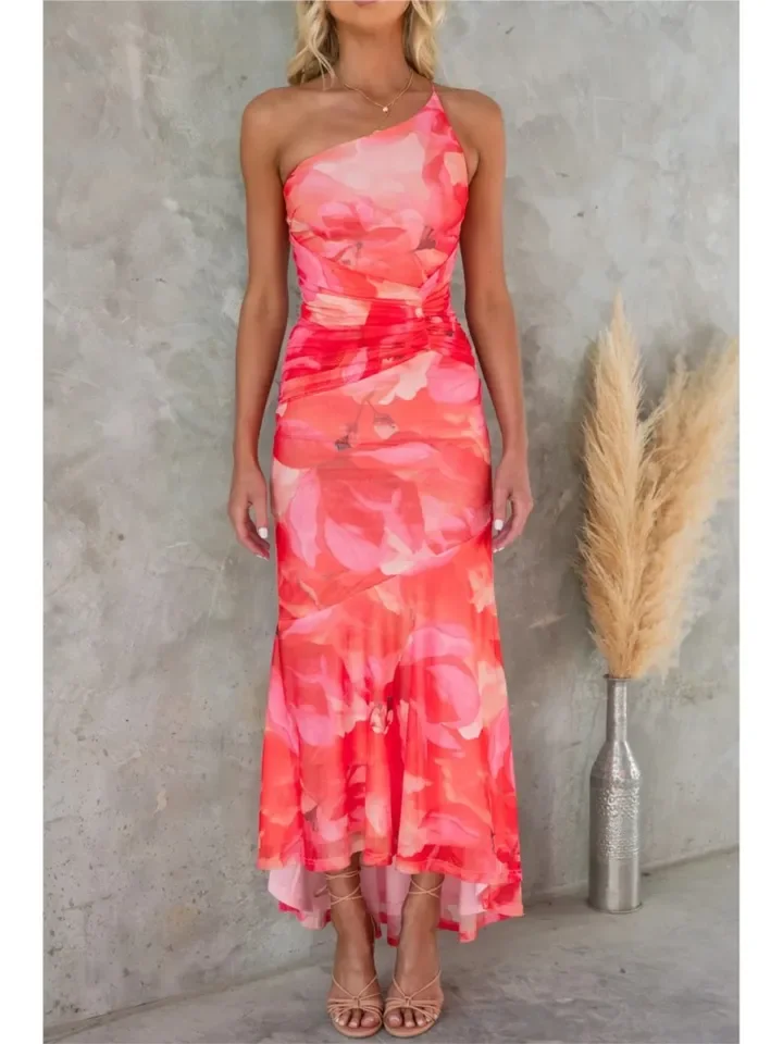 Elegante um ombro impresso vestido longo para primavera verão vestidos femininos sexy sem mangas vestido irregular casual vestido de festa