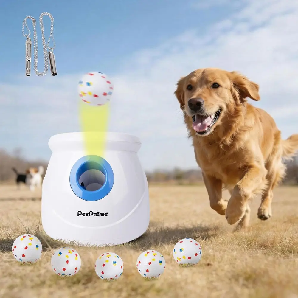 

Upgraded Automatic Dog Ball Launcher for Large Dogs, Interactive Rechargeable Toy, Adjustable 10-64ft, 6PCS 2.5 Balls & Whistle,