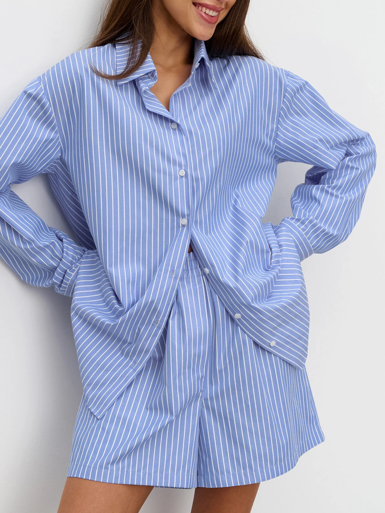 Feminino outono casual listras camisa de manga longa e shorts evasê cintura elástica conjunto de uso diário