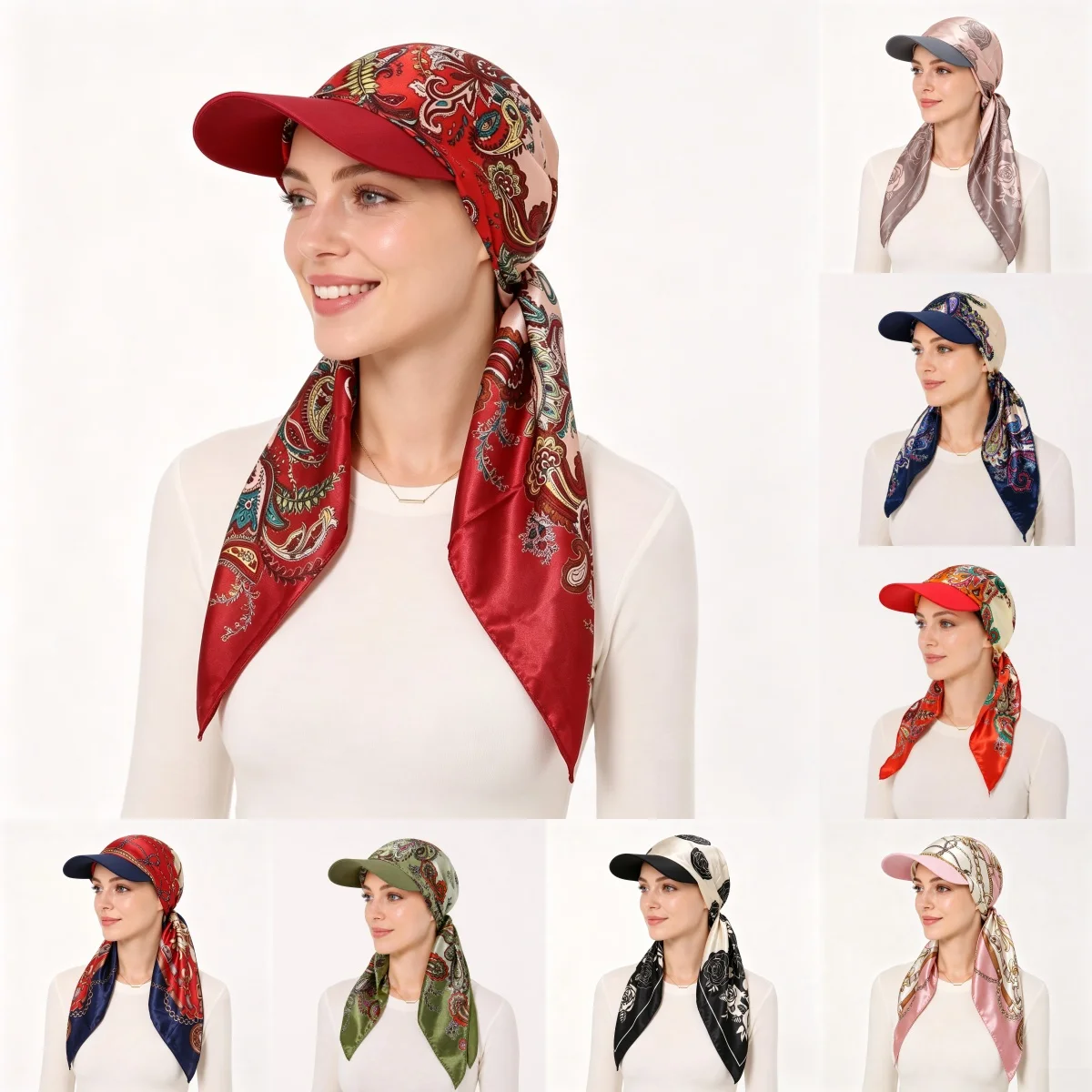 Women Hijabs Bohemian Paisley Print Soft Satin Headscarf Hat Silky Triangle Brim Sun Cap Summer Beach Vacation Hair Scarf