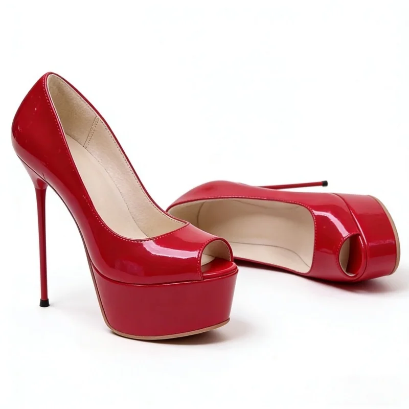 

Arden Furtado Summer Red patent leather peep toe Pumps Round toe Platform Super high heel Single shoe large size Commuter shoes