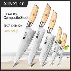 XINZUO 5pcs Knife Set 3-layer Clad Steel Chef Knives Slicing Bread Santoku Utility Paring Sharp Cutlery Knife Gift Set Tool