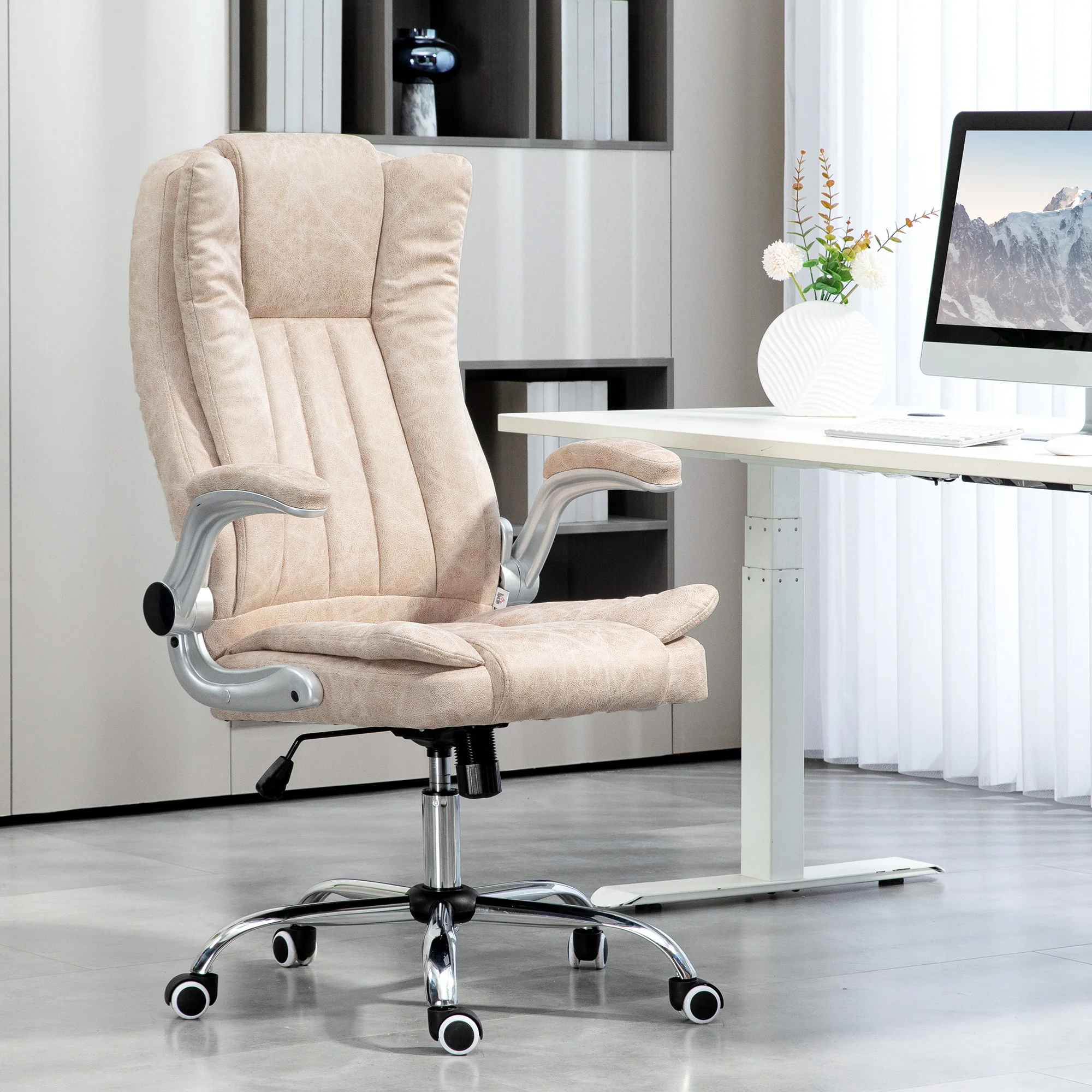Homcom High Back Office Chair with Flip-Up Arms and Tilt Function, White