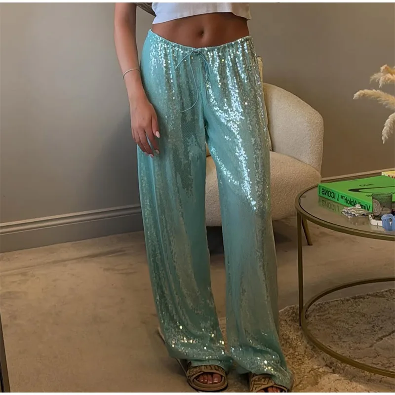 Sequin Loose Summer Women's Pants Low-rise Drawstring Straight Wide Leg Y2k Pant And Trousers New Beach Casual Clothes 2026