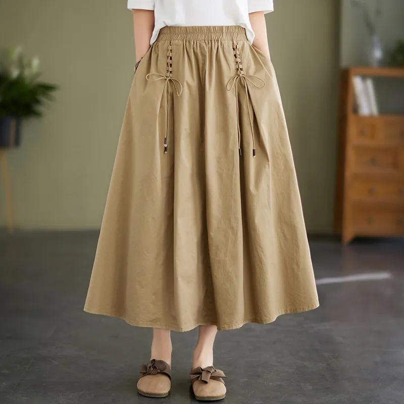 100% Cotton Women Casual Long Skirt New Arrival 2024 Summer Vintage Style Solid Color High Waist Female A-line Skirts B3653