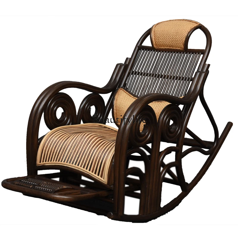 

Indonesia Natural Real Rattan Rocking Chair Black Walnut Color Old Man Rattan Woven Rocking Chair