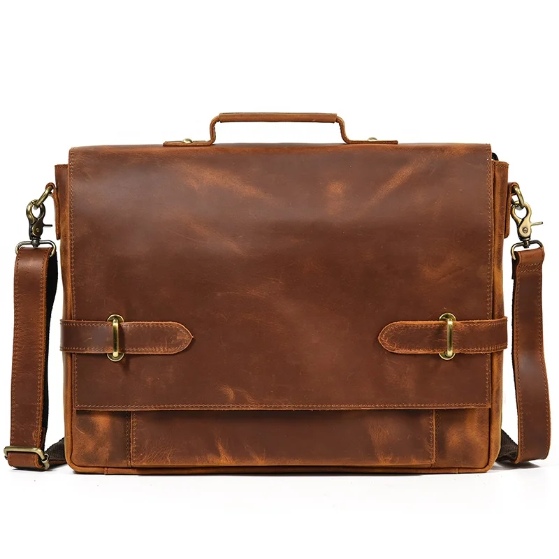 

New Style Simple Messenger Bag Stylish Vintage Business Bag 14" Laptop Bag Men Crazy Horse Leather Briefcase