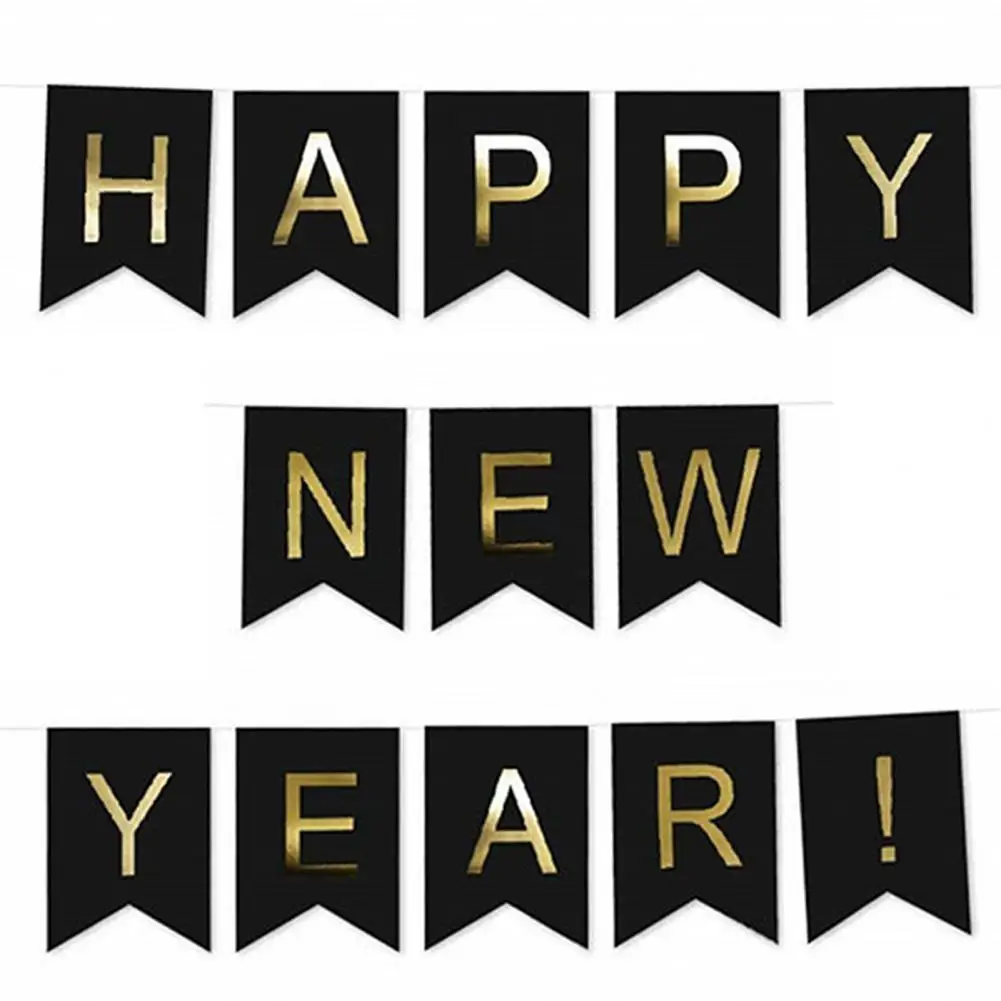 2024 New Year Bunting Party Scene Layout Diy Black Golden Letter Flag Paper Pendant Home Decoration