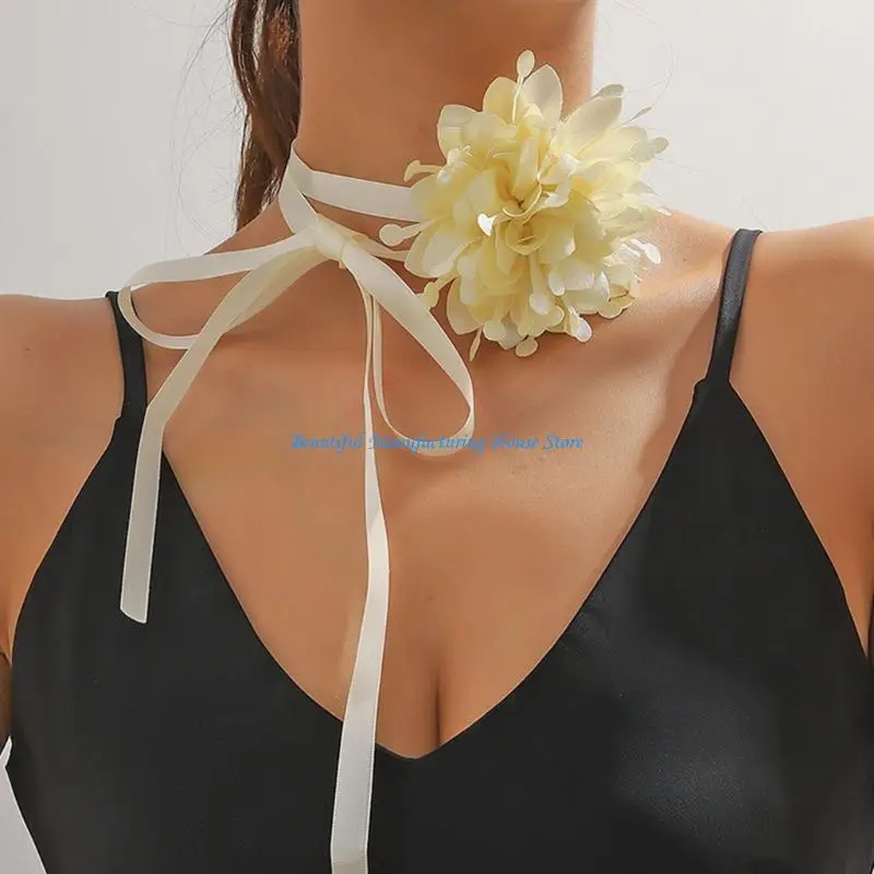 

E56A Elegant Floral Ribbon Necklace Flower Tie Necklaces Fabric Material for Women