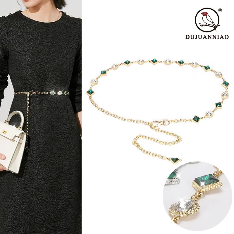 

Elegant green decorative waistband, women's fine metal chain dress, closure accessories, rhinestone skirt