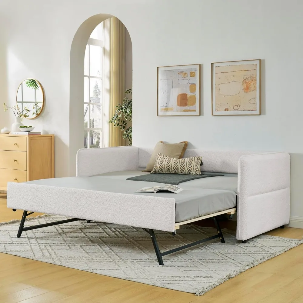Upholstered Daybed with Pop Up Trundle, Twin to King Daybed with Trundle, Modern Extendable Day Bed Frame for Kids Teens