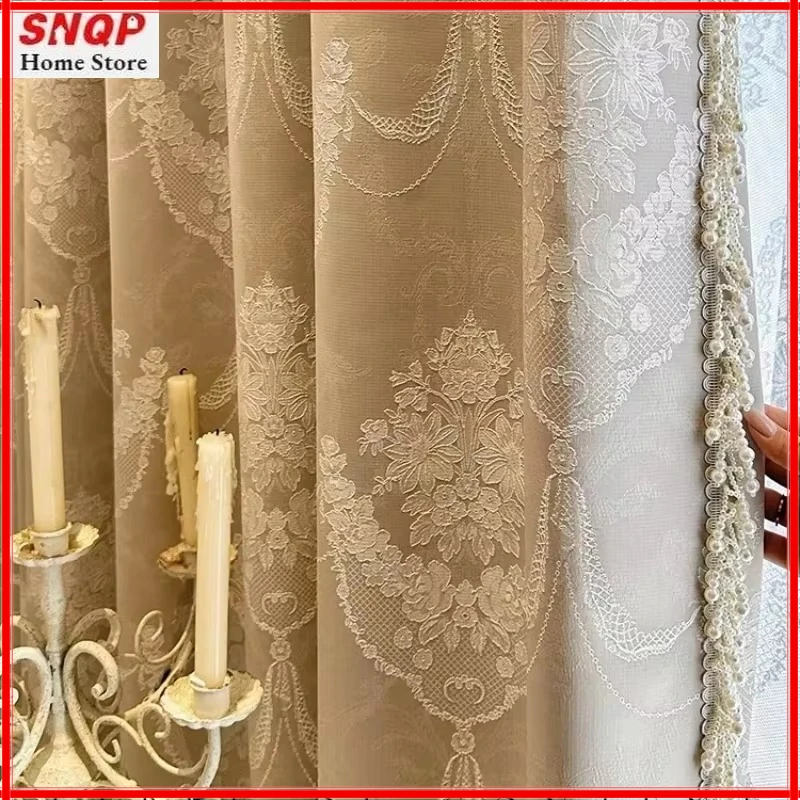 

Custom French Romantic Vintage Jacquard Embossed Lace Pearl Luxury Curtains for Living Room Bedroom Dining Blackout White Tulle