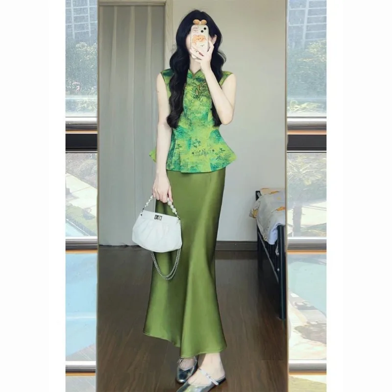 

Early Summer New Chinese-style Traditional Chinese Style Outfit Goddess-like Charm High-end Feel Green Acetate Satin Dress Mom