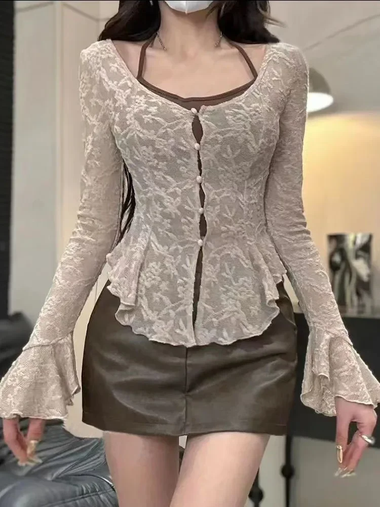 

Flare Sleeve Cardigan Women Slim Fit Chic Lace Sweet Spicy Girls Korean Fashion Autumn Sexy All-match Stylish Ins Harajuku Mujer