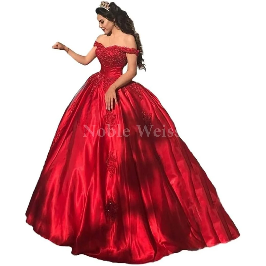 

Women's Off Shoulder Lace Applique Prom Dress Satin Quinceanera Ball Gowns Dress Customized