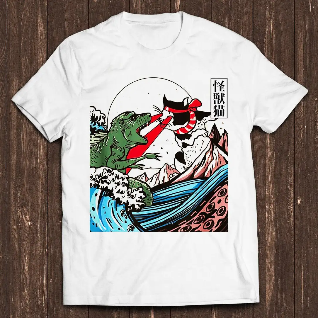 Horror Dinosaur Cat The Great Wave Off Kanagawa Catzilla Ocean Meme Gamer Funny Retro Cult Movie Music Top Cool T Shirt C1039