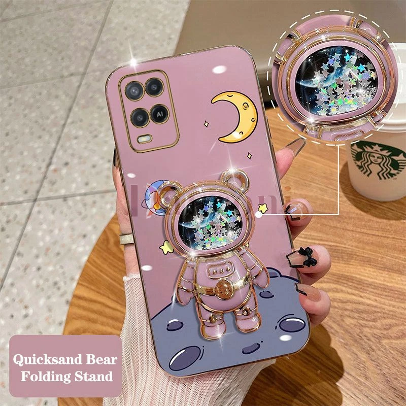 Quicksand Lunar Astronaut Plating Phone Holder Case For Oppo A15 A15S A76 A77 A16 A16K A78 A53 A92 A94 A95 A54 A55 A83 F19 Cover