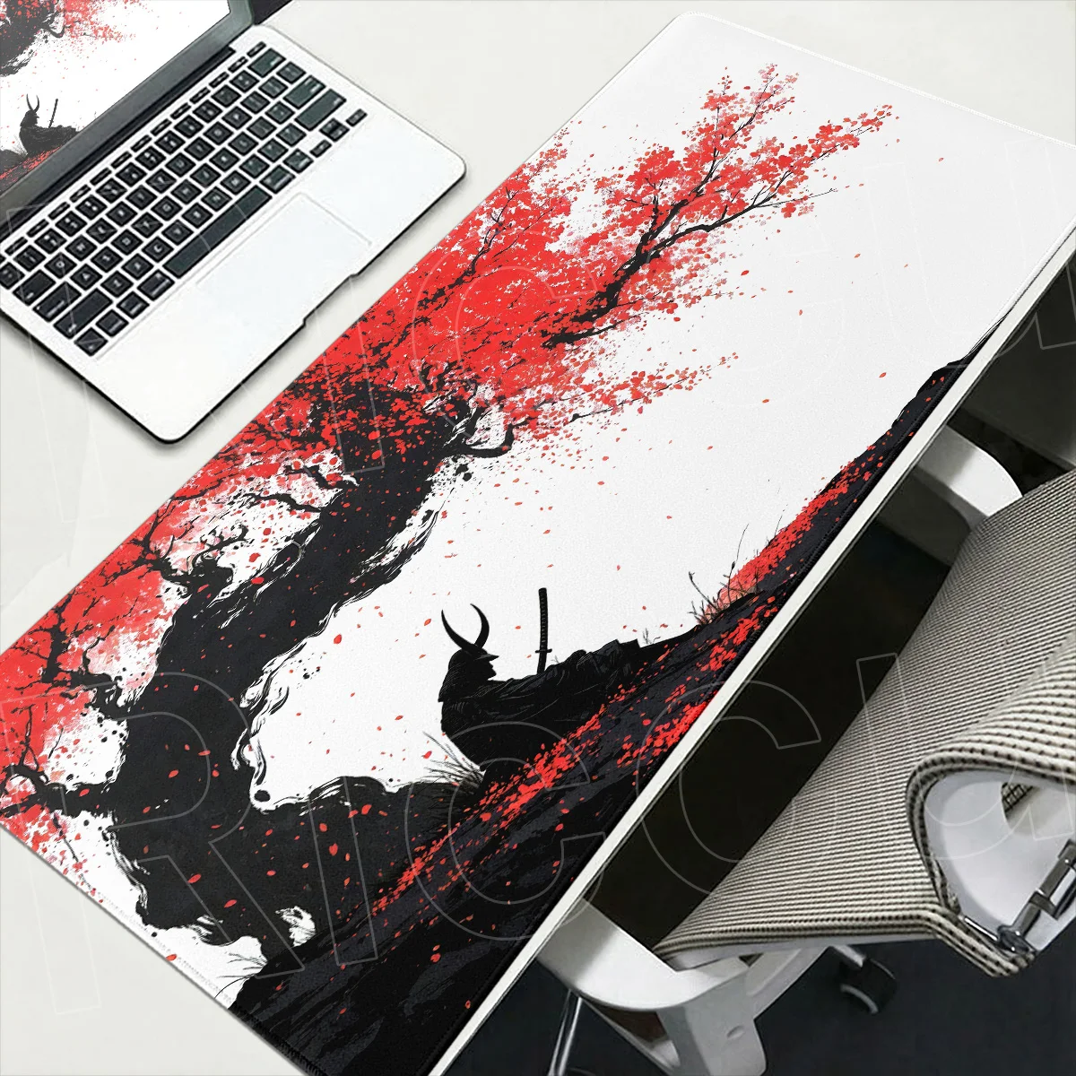 Samurai Warrior Mouse Pad Computer Gaming Accessories Gamer Keyboard Deskmat Red Cherry Blossom Mousepad Office Non-slip Cushion