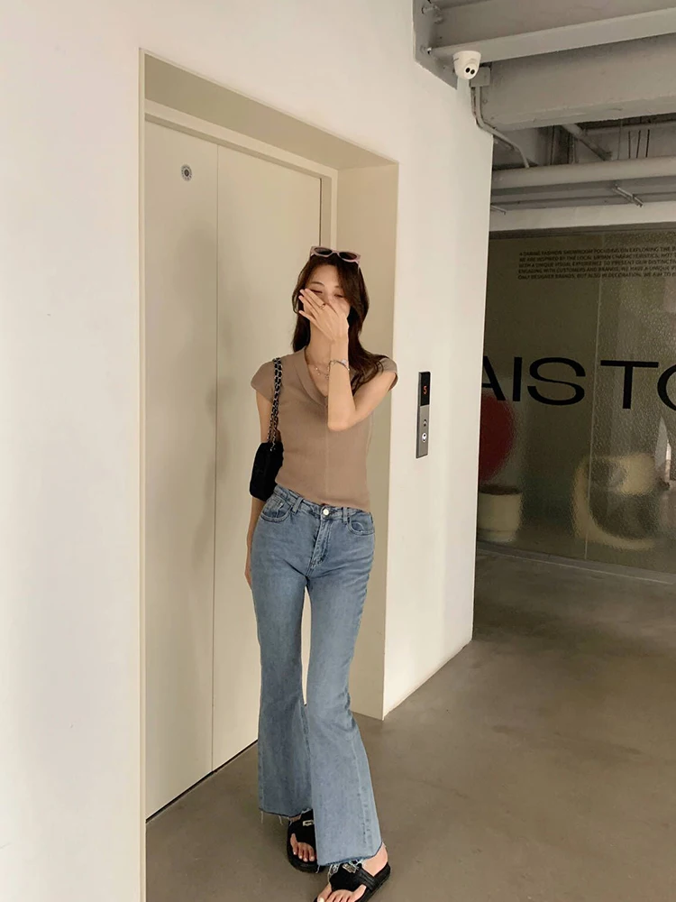 

Джинсы-клеш с высокой талией, повседневные, облегающие, длинные брюки, ранняя осень, модные, ретро, из хлопковой эластичной ткани