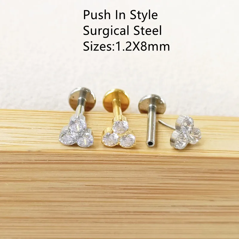 50pcs Body Jewelry 16G Push In Lip Morne Nose Earrings Stud 3 CZ  Ear Cartilage Helix Tragus Piercing Body Jewelry