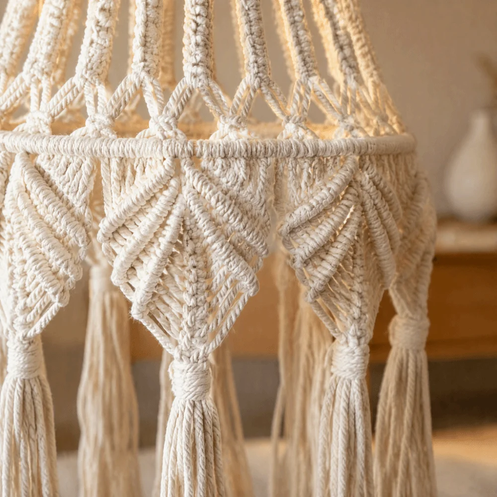 Handwoven Cotton Macrame Lampshade Woven Texture Cotton Rope Woven Tapestry Lampshade Handcrafted Design Tassel Detail