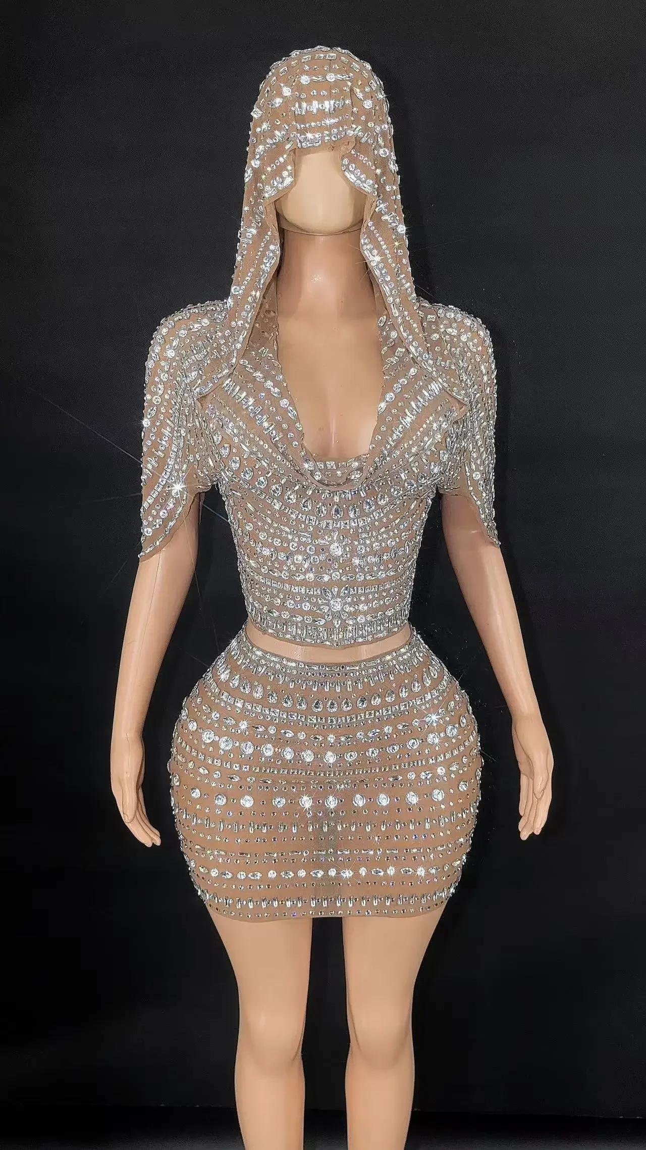 

Women Birthday Party Celebrate Performance Costume Sparking Diamonds Crystal Sexy Mesh See Through Bodycon Mini Dress