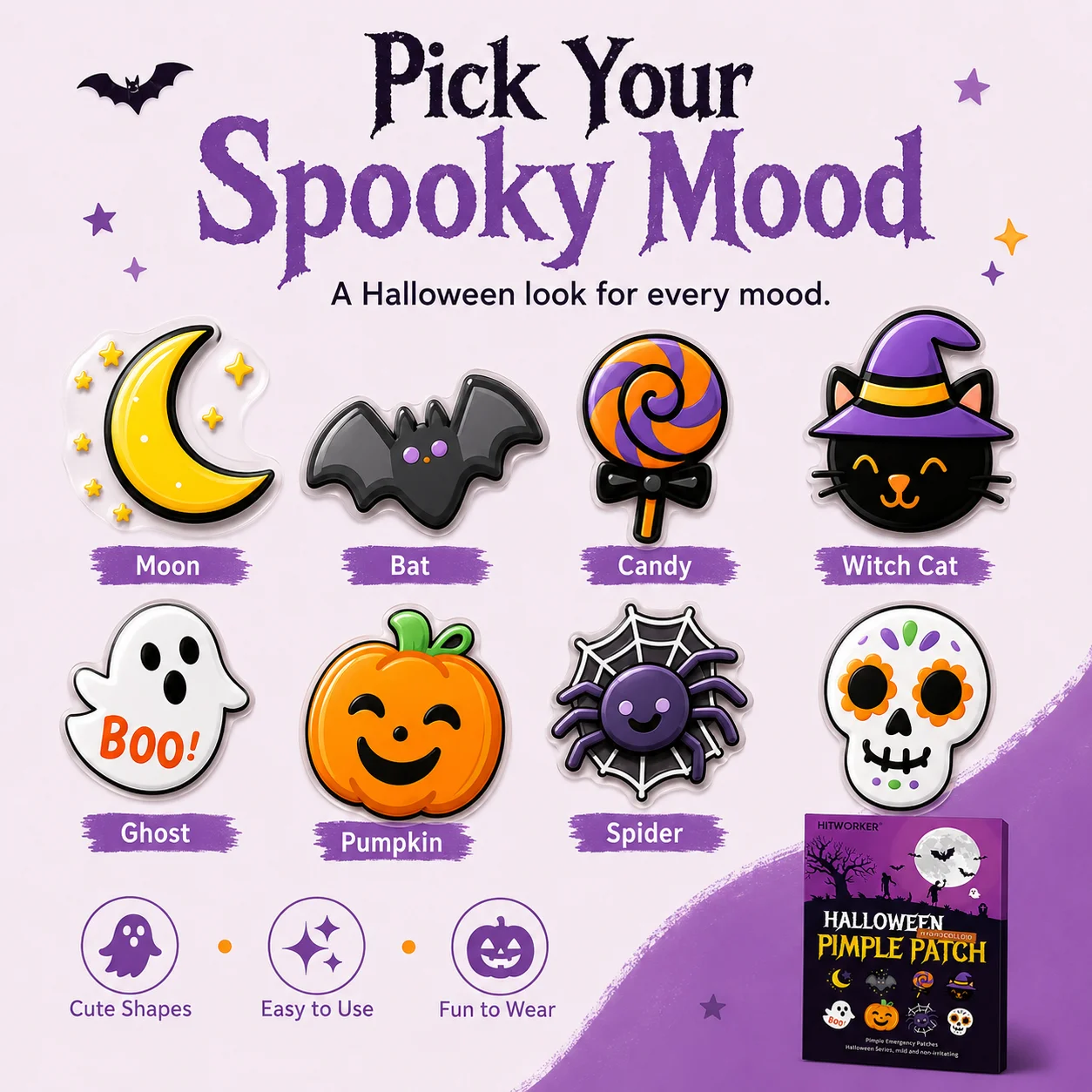 80pcs Halloween Hydrocolloid Pimple Patches for Face, Cute Pumpkin Ghost Bat Blemish Cover Stickers, Cartoon Facial Spot Patches
