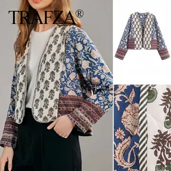 TRAF 2024 Autumn Women Fashion Elegant Long Sleeve Cropped Coat Female Casual Loose Blue Floral Printed Cardigans Roupa Street