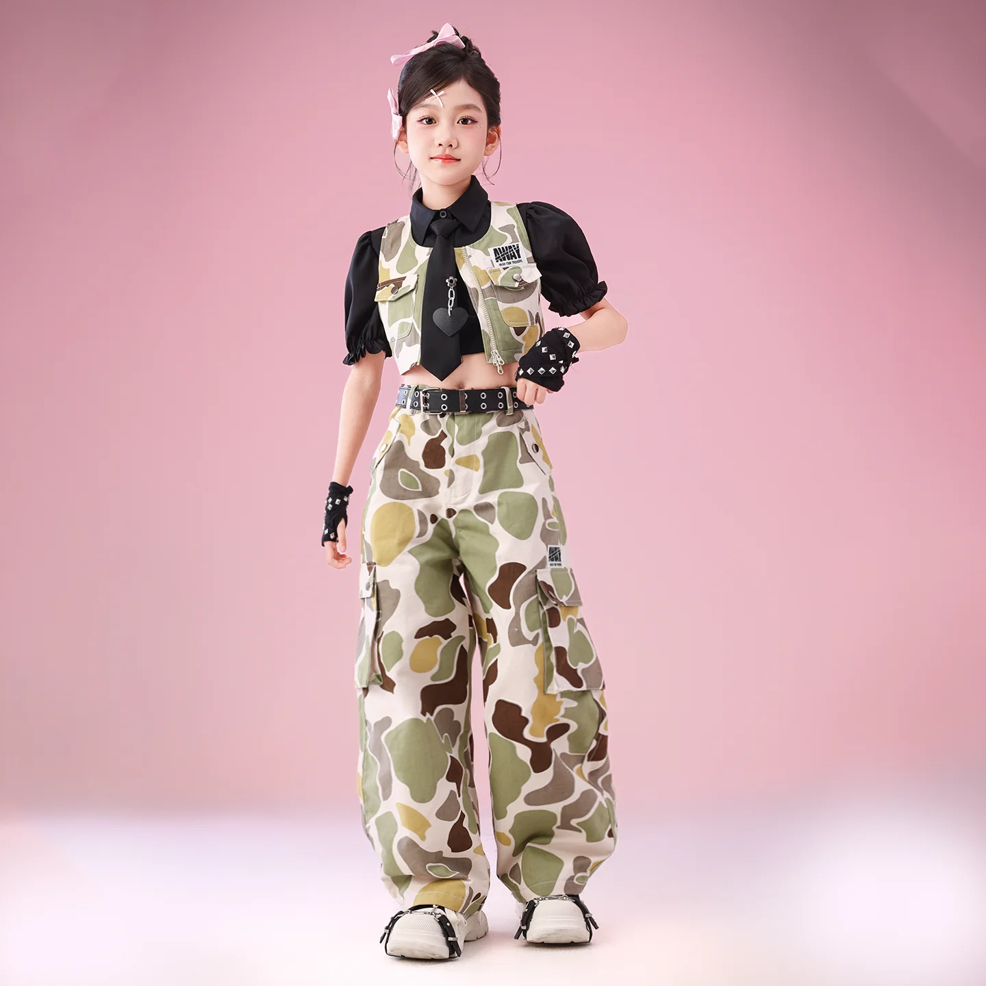 

Камуфляжный сценический наряд K-pop, детская крутая одежда в стиле хип-хоп, костюм для джазовых танцев для девочек, одежда для бальных танцев XS10445