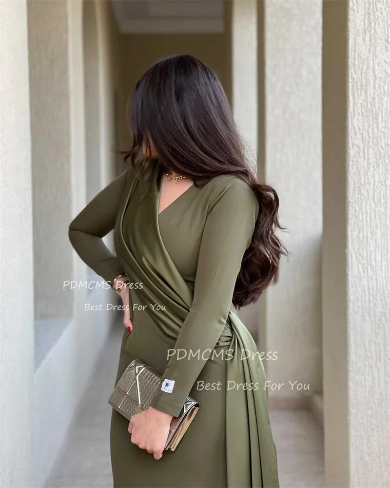 Sexy Army Green Saudi Arabia Mermaid Prom Dress Long Sleeves Prom Party Gowns Dubai Woman Ankle Length Formal Evening Dress