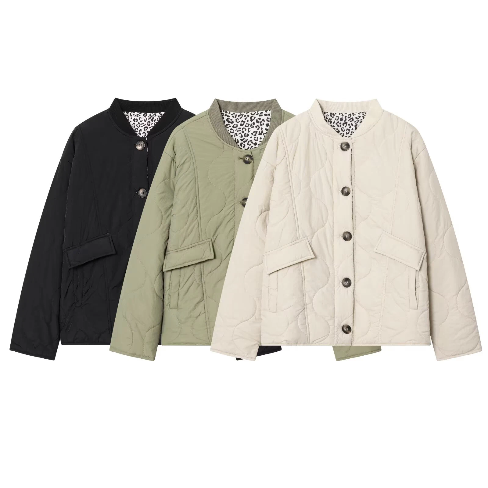 

Зимняя новая женская универсальная двухцветная хлопковая куртка с леопардовым принтом и воротником с нитью внутри