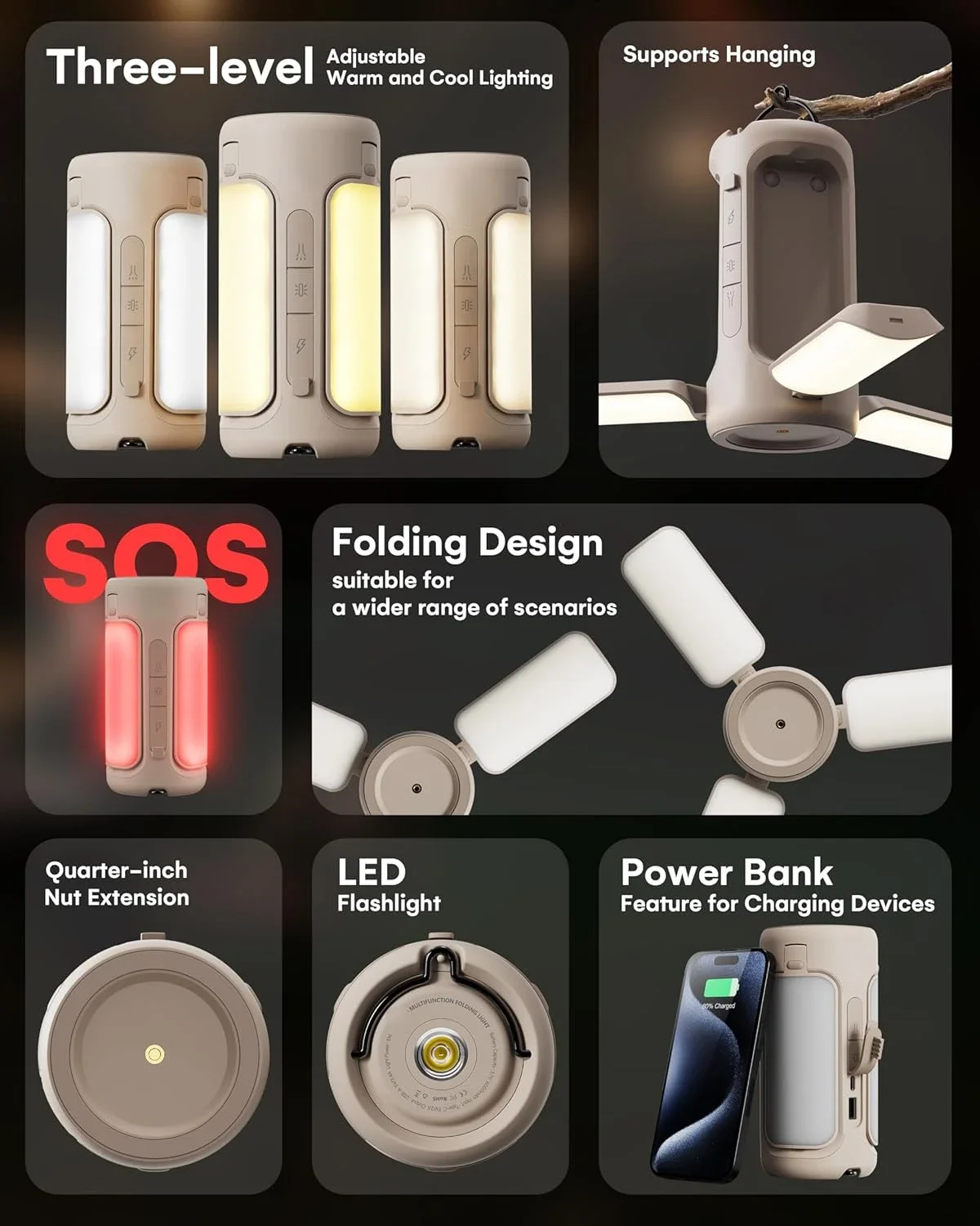 Lanterna da campeggio a LED, luci da campeggio ricaricabili con torce elettriche, luce per tenda impermeabile con 4 modalità di illuminazione, campeggio, 6000 mAh P