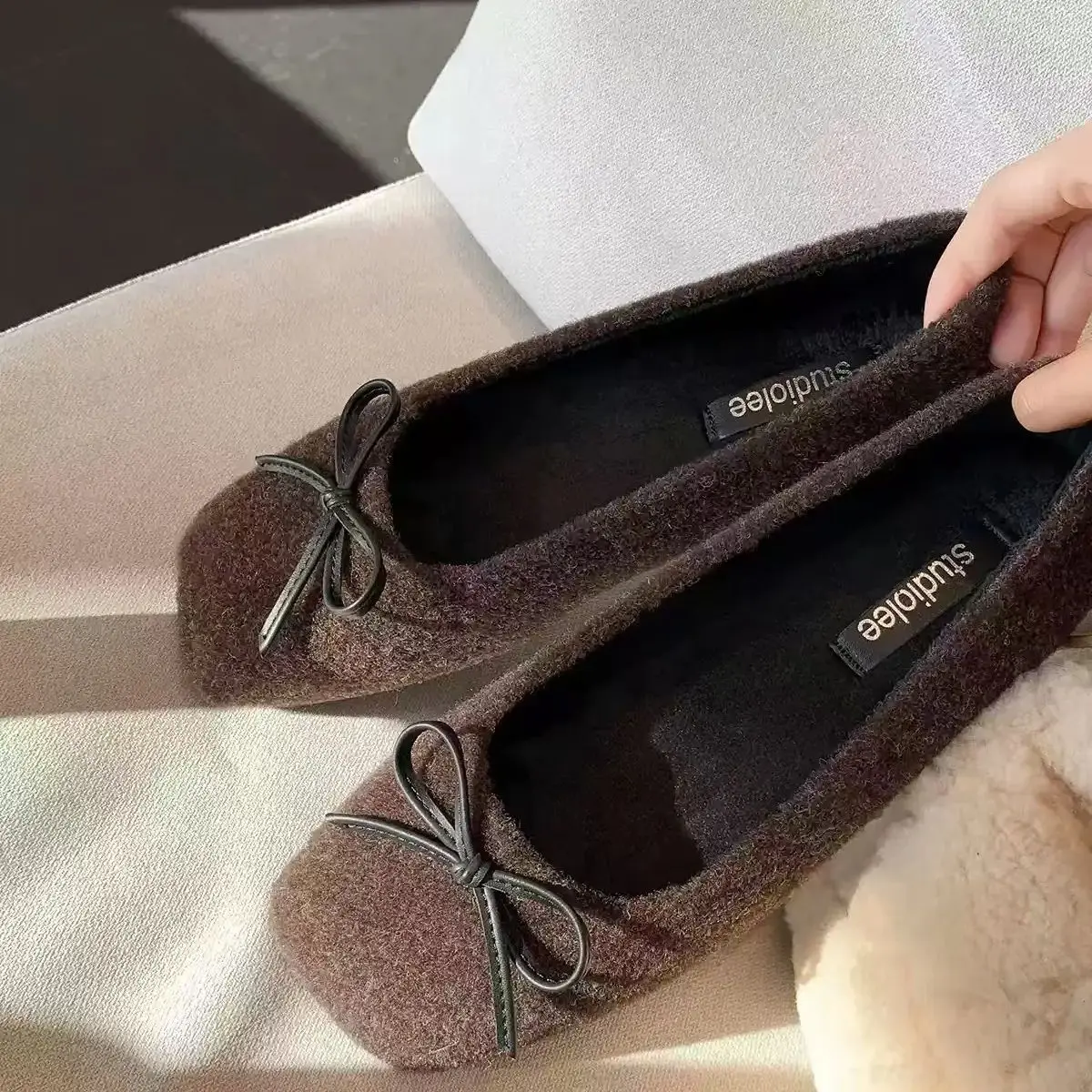 

Woman Casual Square Head Bow Flats Flock Mocasines Ballerina Church Flats Female Suede Elegant Soft Sole Women Shoes