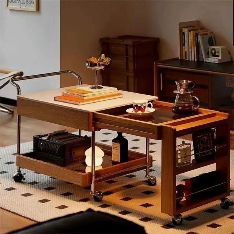 

Solid wood mobile coffee table living room retractable enclosure stove making trolley household tea small apartment