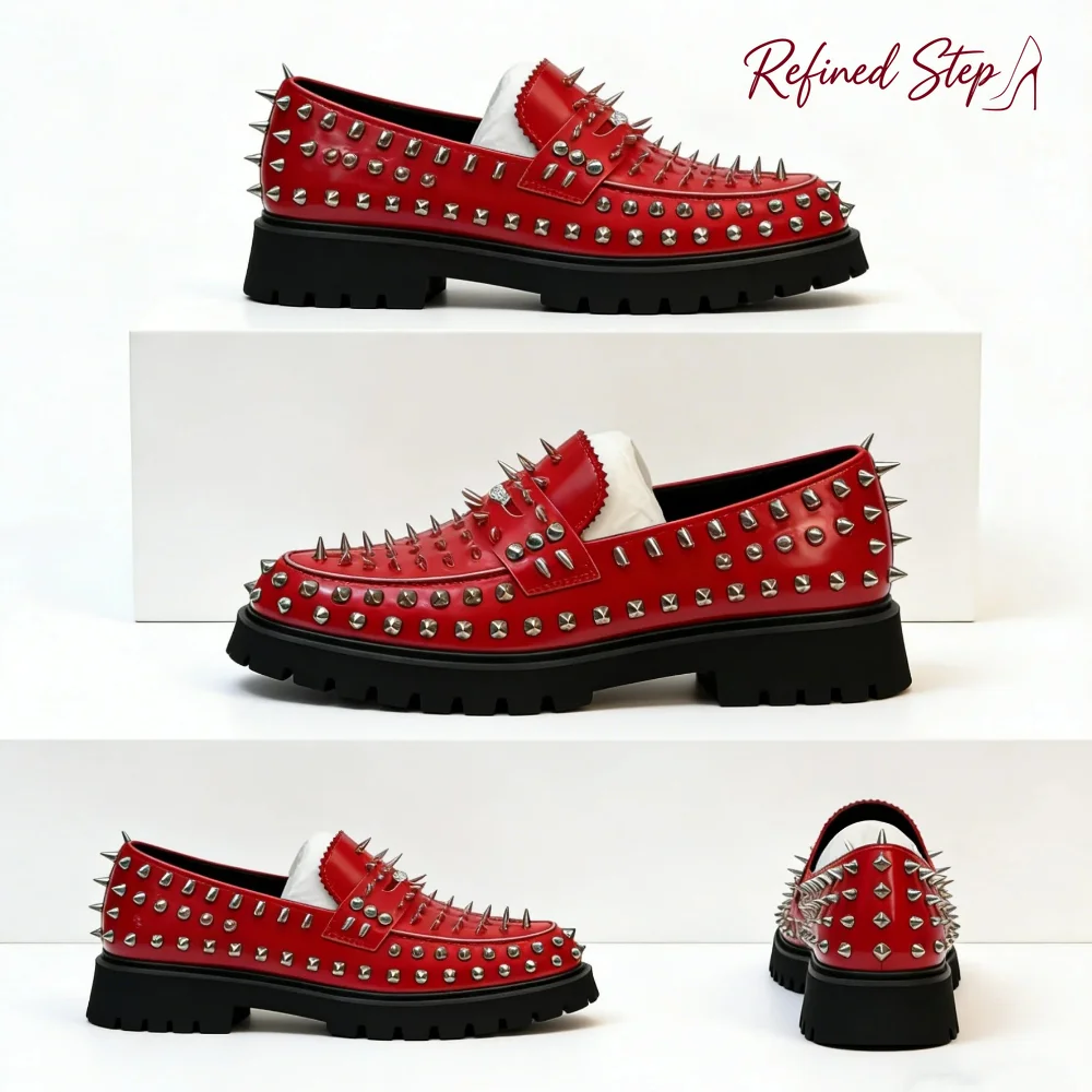 Business Trend New Men's Shoes Suit 2026 Full Metal Rivets Decorate Red Leather Loafers Male Special Supply Breathable Exquisite