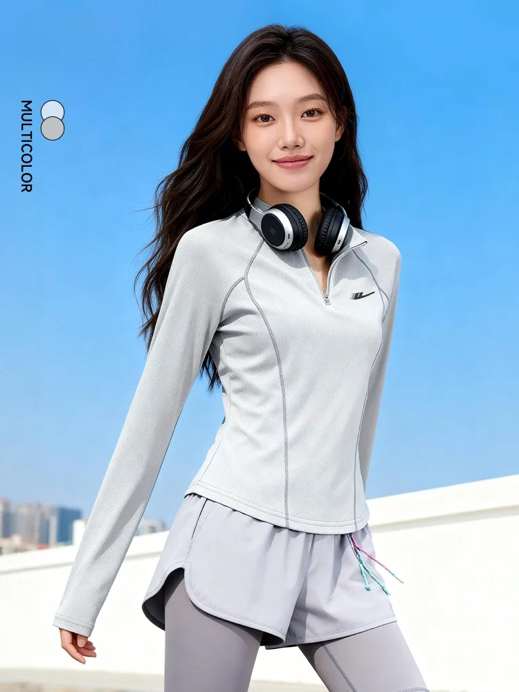 

Qui Dry Long T-irt Women's Spring Summer Long Sve Fitn Training Running Zipper Ne Top Breathable Polyester Fiber