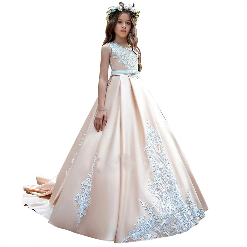 

Champagne Flower Girl Dress Toddler For Wedding Flowers Pageant Dress Lace Appliques Bow Communion Evening Gowns Birthday Party